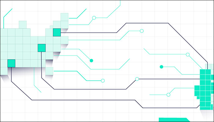 Pixelated map with lines connecting U.S. partnership university locations with Portugal